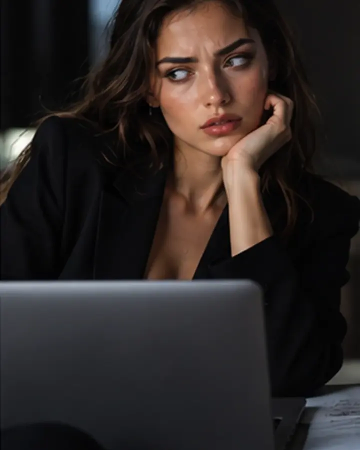 Thoughtful woman looking at a laptop in a dimly lit workspace