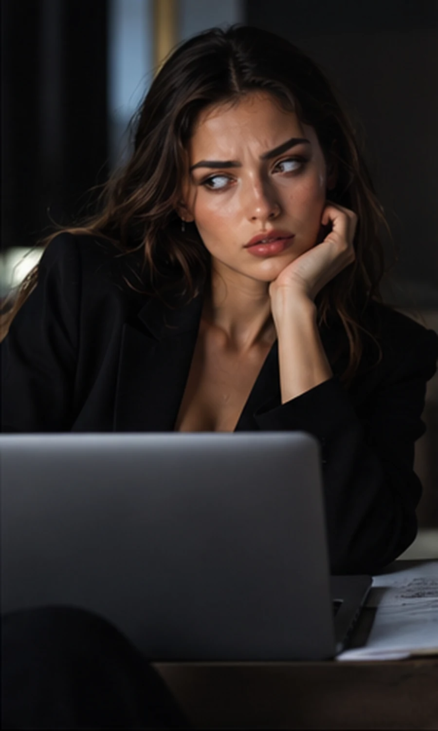 Thoughtful woman looking at a laptop in a dimly lit workspace