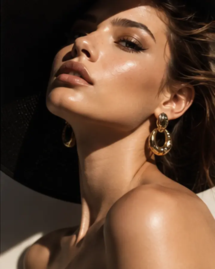 Beauty portrait of a model in a wide-brimmed black hat and gold earrings