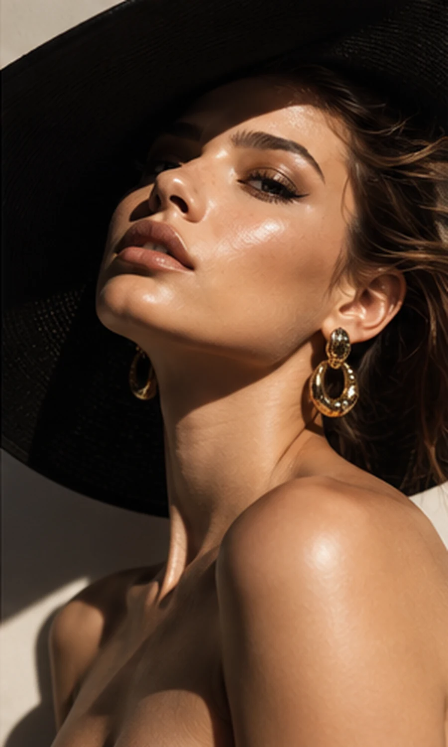 Beauty portrait of a model in a wide-brimmed black hat and gold earrings