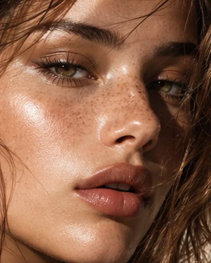 Extreme close-up beauty portrait showing freckles and natural skin texture