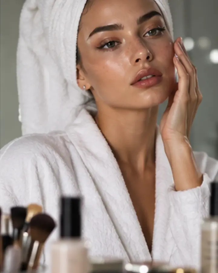 Model in a white robe and towel preparing for a beauty photoshoot