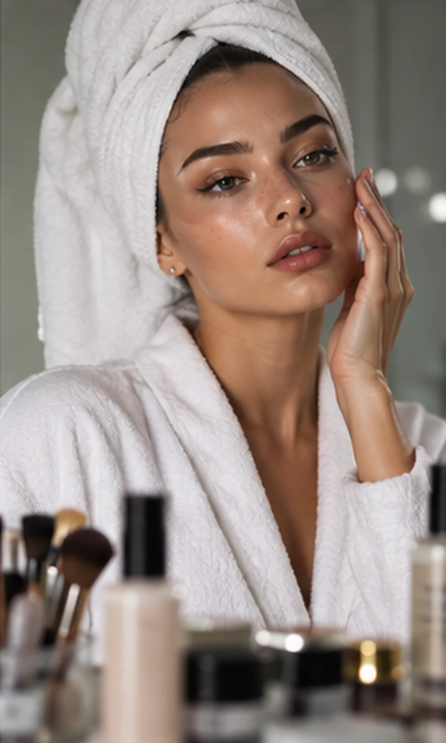 Model in a white robe and towel preparing for a beauty photoshoot